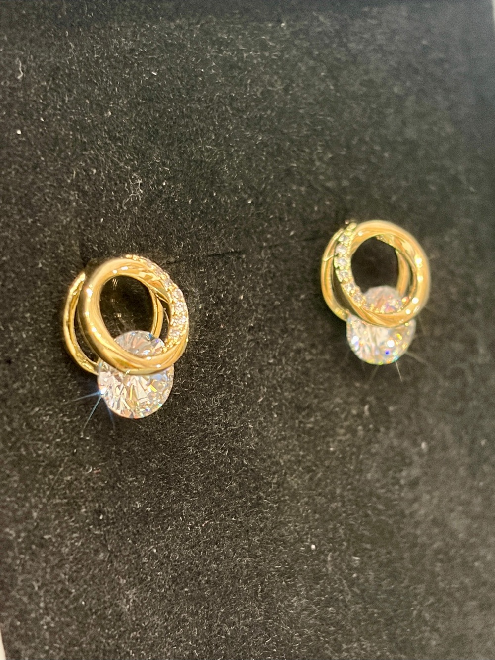 New Gold Plated Intertwined Double Ring Drop CZ Stud Earrings, S925 Post Earring